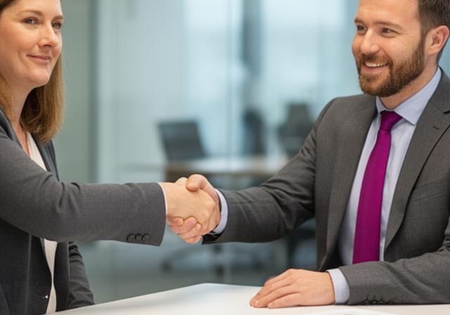 Two Irish business professionals shaking hands after finalising a BV acquisition deal in a modern Dublin office